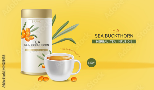 Buckthorn tea package and cup vector realistic. Product placement label desig...