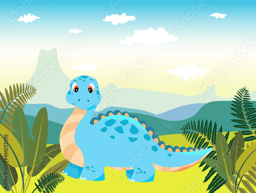 Children's illustration of a dinosaur. Jurassic period. Cute blue dinosaur.  Ancient world, mountains, trees, stones, plants.