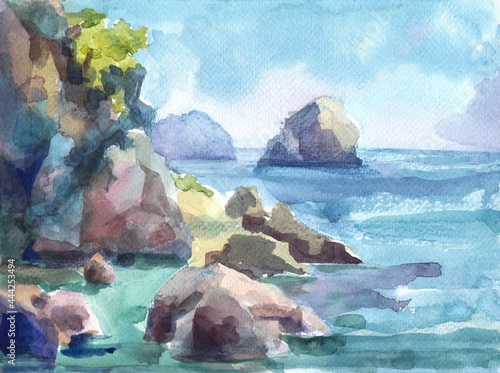 Seascape cliffs and turquoise sea. Watercolor illustration for the creation of tourism products