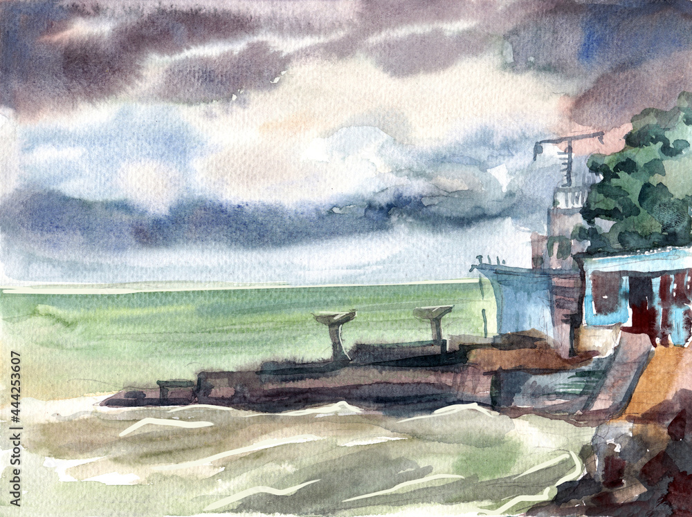 Watercolor landscape stormy sea. Design of postcards, website, illustrations for magazine, diary, book