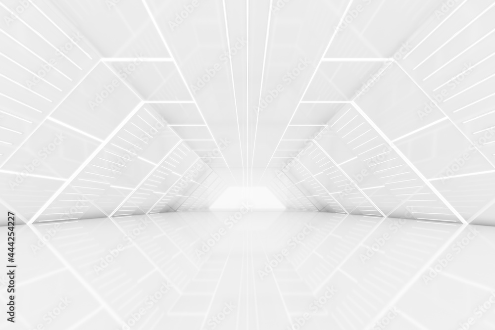 Naklejka premium Abstract 3d rendering of empty futuristic tunnel room with light on the wall. Sci-fi concept.