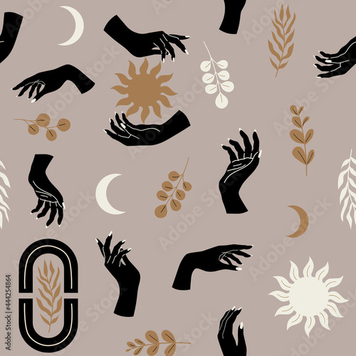 Vector seamless pattern with magical hands, sun, half moon and plants. Bohemian aesthetic abstract illustration