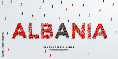 A crowd of people stands, making up the word Albania. Albania flag made from people. Vector illustration isolated on white background.