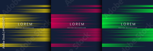 Set of abstract pink, green, yellow, stripe horizontal lines light on dark blue background.