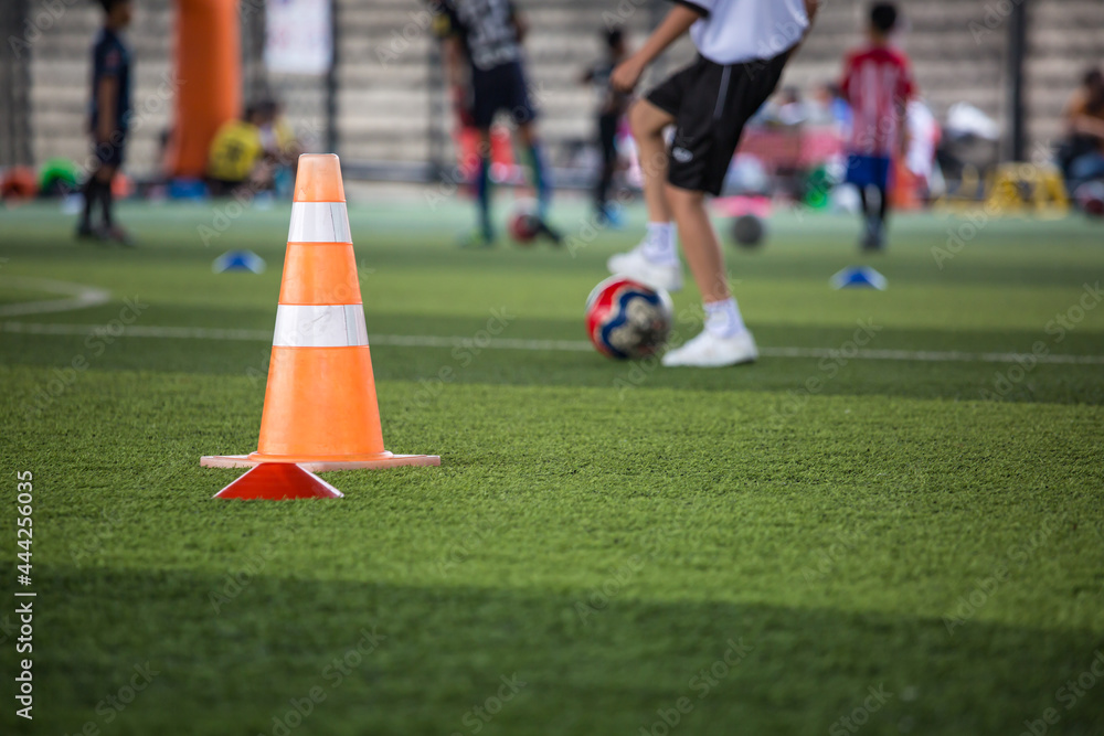 Boys Soccer ball tactics on grass field with cone Boys Soccer ball tactics on grass field with cone
