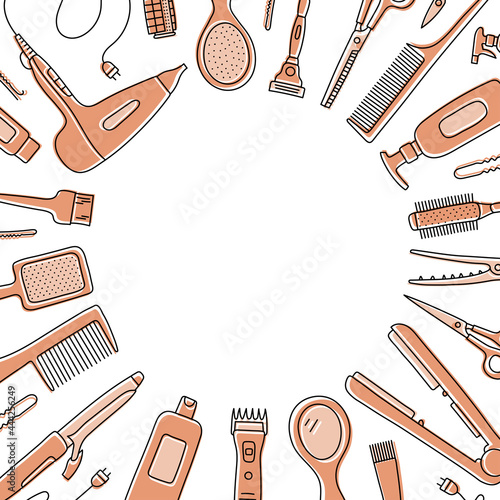 Hairdressing tools sketch with copy space. Professional hair dresser equipment. Hand drawn vector illustration. Barbershop symbols. Hairdryer, scissors, comb, straightener and curler
