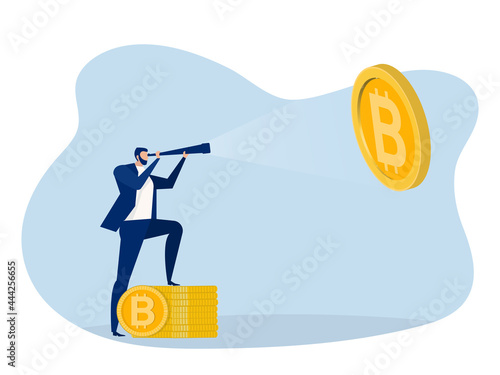 Businessman looking through a telescope bitcoin for invest future. vector illustration