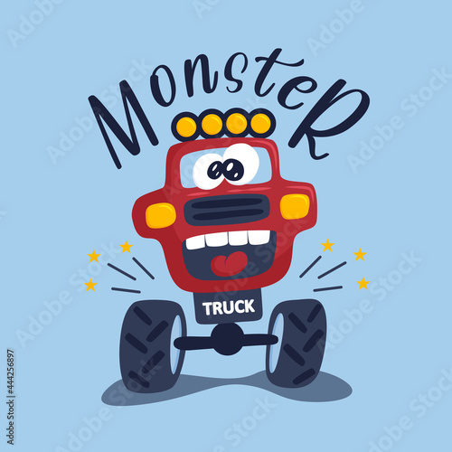 Crazy car monster truck, red color, with huge eyes. Print on clothes, dishes, testil. Vector illustration EPS10.