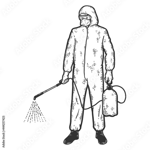 Disinfector character in protective suits with poison spray bottle. Sketch scratch board imitation coloring.