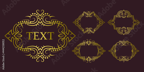 Golden vintage frame set for short text. Old-fashioned vector label templates or greeting card design elements.