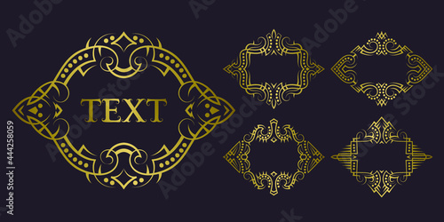 Golden premium frame set for short text. Old-fashioned vector label templates, book cover elements or ceremonial design.