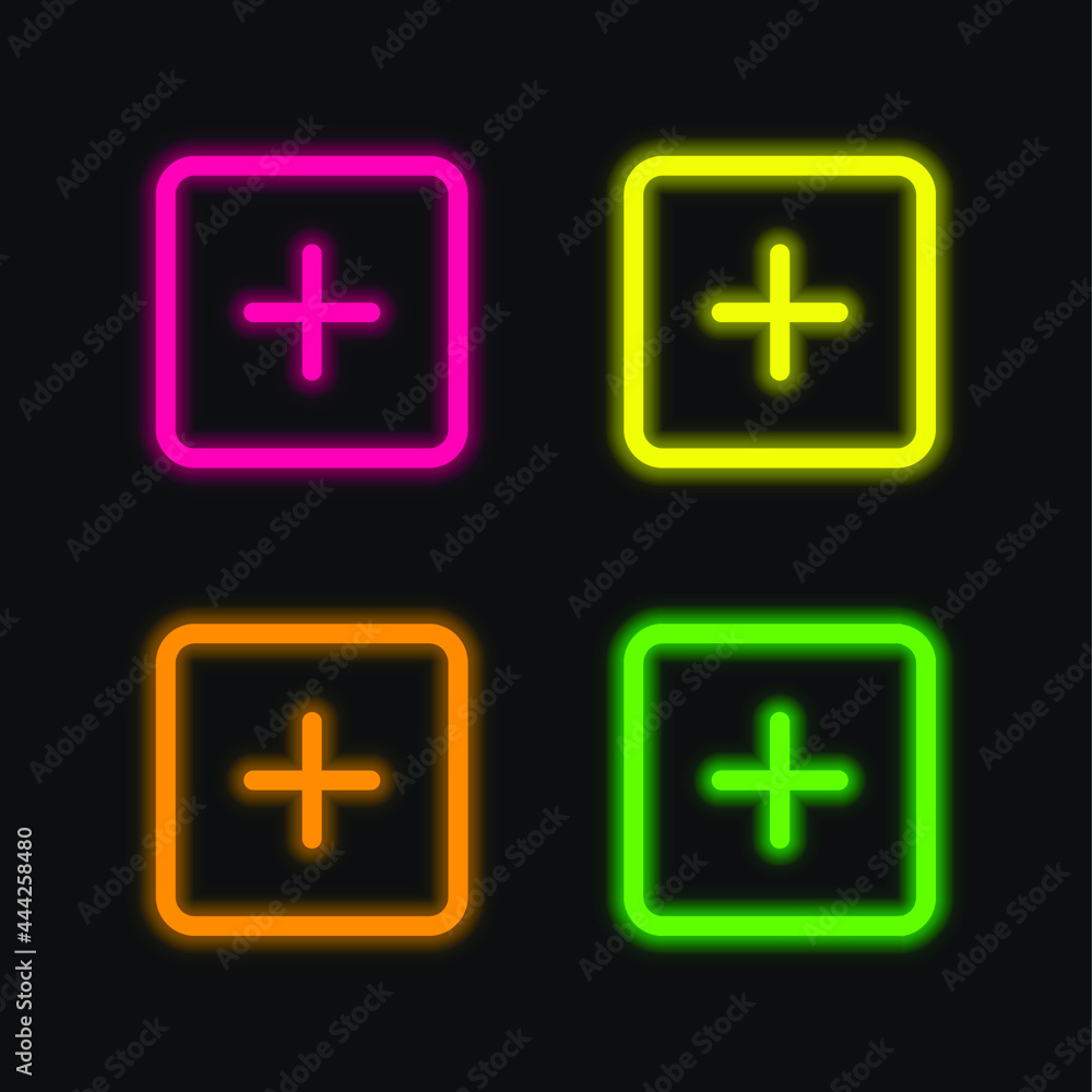 Obraz premium Add Square Outlined Interface Button four color glowing neon vector icon