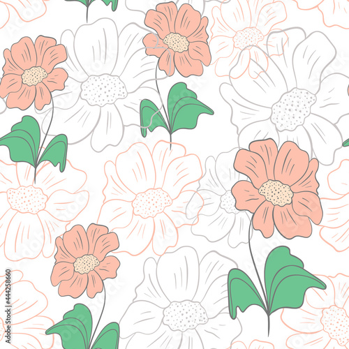 Floral seamless pattern, vector illustration. Continuous botanical background with flowers. Hand drawing.