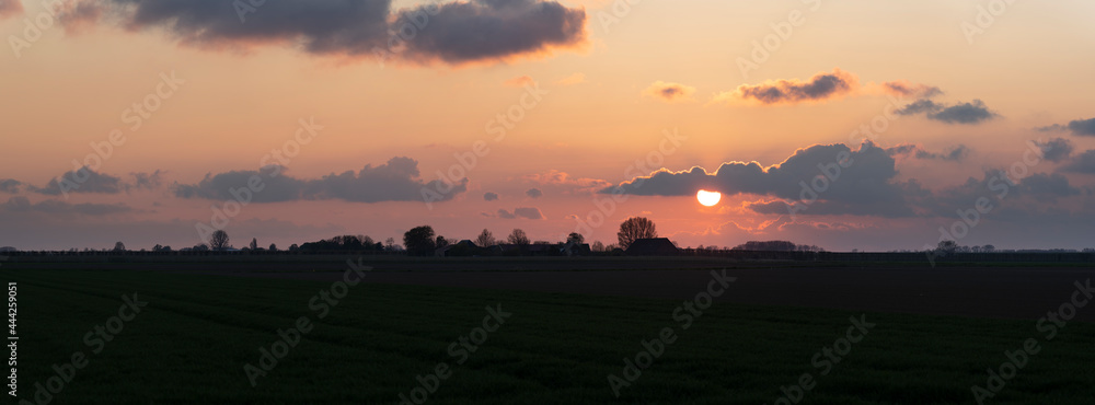 Sunset over the agricultural land near Hulst The Netherlands with silhouettes of a farm and trees