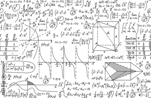 Scientific math vector seamless pattern with algebra formulas, calculations and geometrical figures handwritten on a white paper