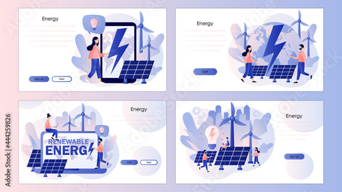 Alternative renewable energy. Power plant with solar panels and windmills. Green energy concept. Screen template for landing page, template, ui, web, mobile app, poster, banner, flyer. Vector 