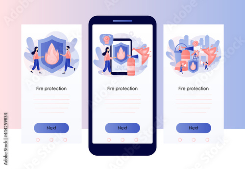 Fire protection concept. Fire prevention technologies. Tiny people firefighters extinguishing flame. Screen template for mobile, smartphone app. Modern flat cartoon style. Vector illustration