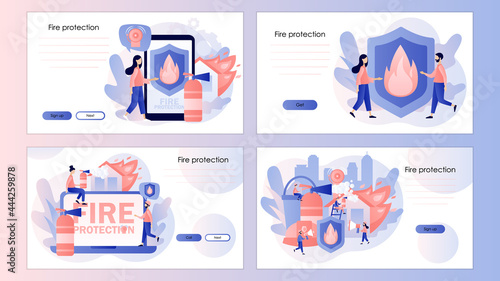 Fire protection concept. Fire prevention technologies. Tiny people firefighters extinguishing flame. Screen template for landing page, template, ui, web, mobile app, poster, banner, flyer. Vector 