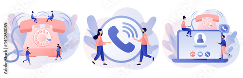 Phone Call concept. Accept Button, Decline Button, Video call. Incoming Call. Communication device. Tiny people and big retro phone. Modern flat cartoon style. Vector illustration on white background