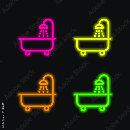Bathtube With Shower four color glowing neon vector icon