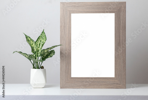 Square wooden frame with white mockup on white table and gray wall background © Surasak Chuaymoo