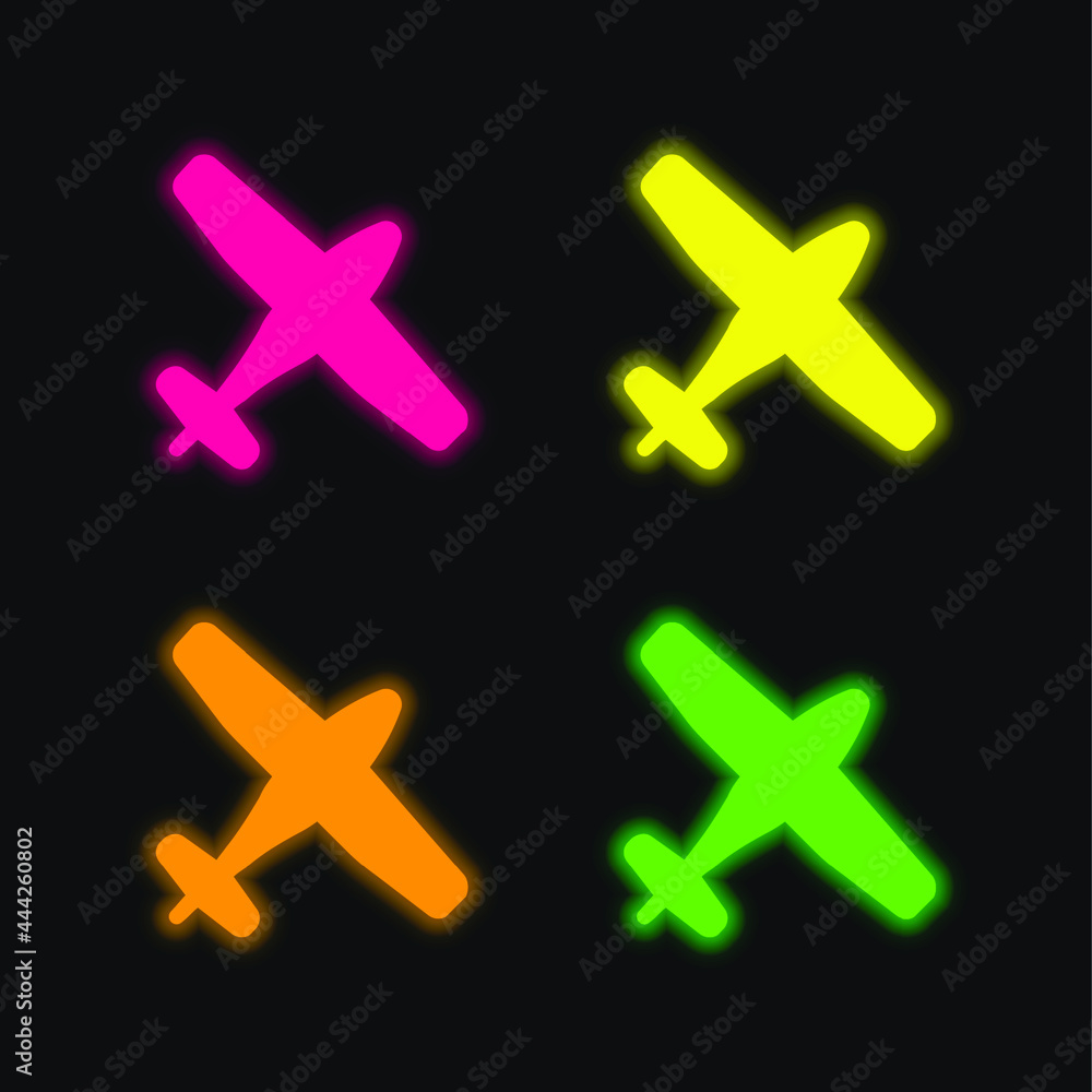 Fototapeta premium Airplane four color glowing neon vector icon