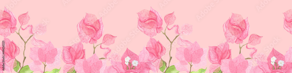 Seamless border with bougainvillea paper flowers. Seamless border with bougainvillea paper flowers.