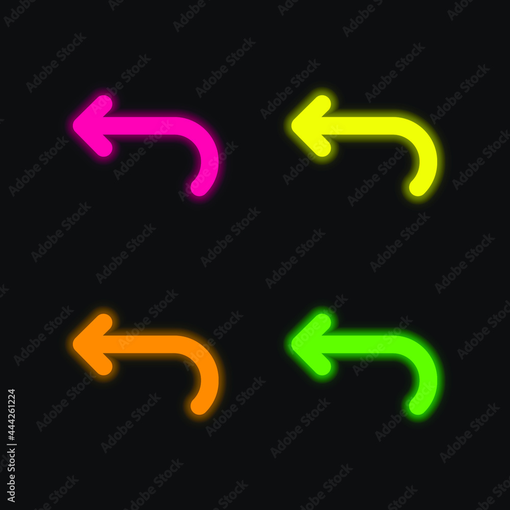 Naklejka premium Back Left Curved Arrow four color glowing neon vector icon