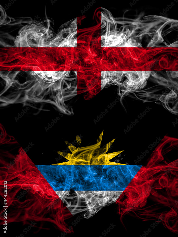 Flag of England, English and Antigua and Barbuda, Antiguan and Barbudan countries with smoky effect Flag of England, English and Antigua and Barbuda, Antiguan and Barbudan countries with smoky effect