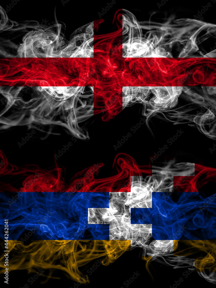 Flag of England, English and Artsakh, Artsakhtsi, Nagorno Karabakh countries with smoky effect Flag of England, English and Artsakh, Artsakhtsi, Nagorno Karabakh countries with smoky effect