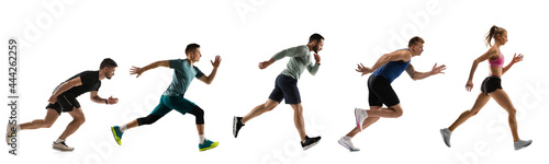 Sport collage. Male and female joggers, runners in action isolated on white studio background.