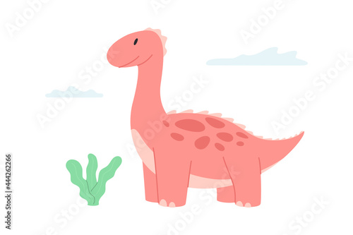 Cute pink dinosaur with a long neck. Dino child with a plant and clouds. Vector illustration in trendy flat cartoon style isolated on white background