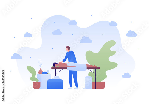 Massage therapy concept. Vector flat people illustration. Woman therapist massaging and patient person lying on couch. Incense, towel, plant on background. Design for health care, wellness.
