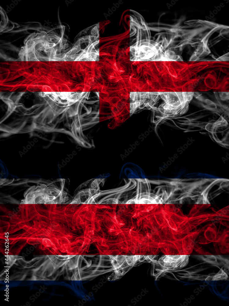 Flag of England, English and Costa Rica countries with smoky effect Flag of England, English and Costa Rica countries with smoky effect