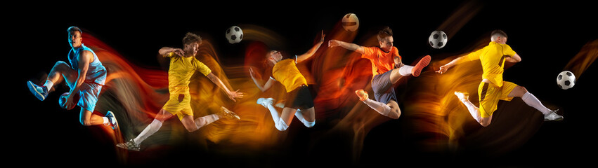 Development of motions of different kinds of sport games. Young men in action isolated over dark background in neon mix colored light. Flyer.