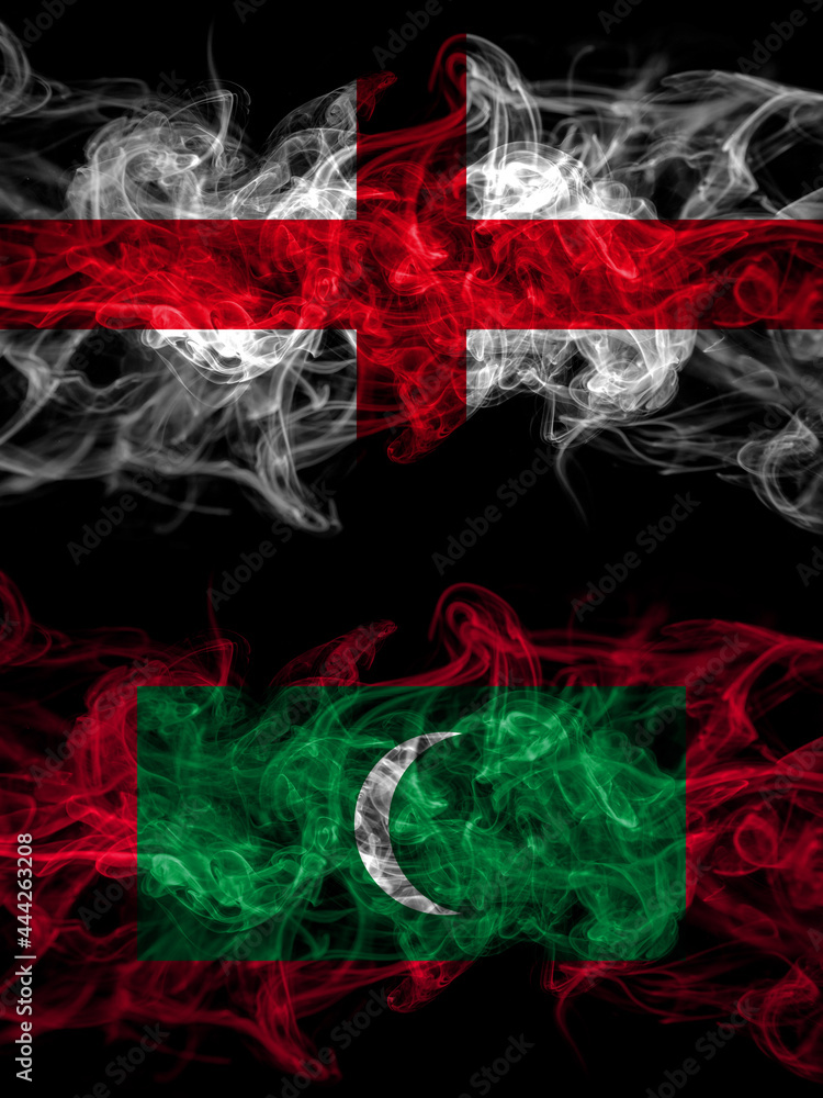 Flag of England, English and Maldives, Maldivian countries with smoky effect Flag of England, English and Maldives, Maldivian countries with smoky effect