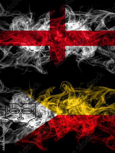 Flag of England, English and Marquesas Islands countries with smoky effect