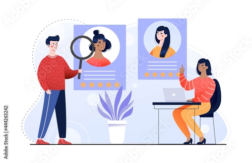 Male and female characters are recruiting new employees together