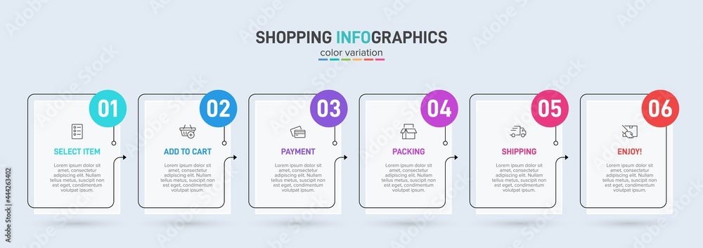Concept of shopping process with 6 successive steps. Six colorful graphic elements. Timeline design for brochure, presentation, web site. Infographic design layout. Concept of shopping process with 6 successive steps. Six colorful graphic elements. Timeline design for brochure, presentation, web site. Infographic design layout.