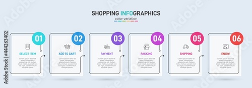 Concept of shopping process with 6 successive steps. Six colorful graphic elements. Timeline design for brochure, presentation, web site. Infographic design layout.