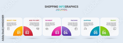 Concept of shopping process with 6 successive steps. Six colorful graphic elements. Timeline design for brochure, presentation, web site. Infographic design layout.
