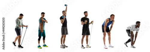 Sports training. Young men, male joggers, runners, athletes in action isolated on white studio background.