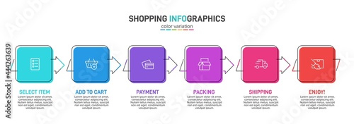 Concept of shopping process with 6 successive steps. Six colorful graphic elements. Timeline design for brochure, presentation, web site. Infographic design layout.