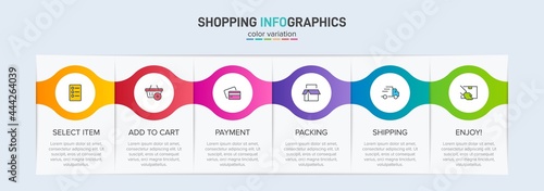 Concept of shopping process with 6 successive steps. Six colorful graphic elements. Timeline design for brochure, presentation, web site. Infographic design layout.