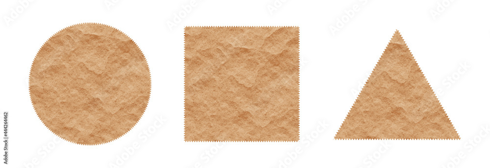 Set of frames, stickers, geometric shapes with place for text with texture of recycled paper, kraft packaging isolated on white background. Set of frames, stickers, geometric shapes with place for text with texture of recycled paper, kraft packaging isolated on white background.