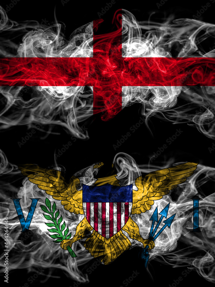 Obraz premium Flag of England, English and United States of America, America, US, USA, American, Virgin Islands countries with smoky effect