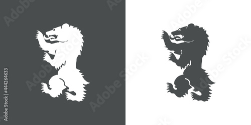 Logo heráldica con silueta de oso medieval de pie en fondo gris y fondo blanco