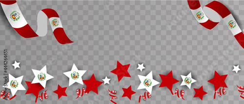 Independence Day of Peru, festive banner with balloons and ribbons. Peru flag.