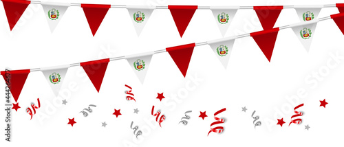 Independence Day of Peru, festive banner with balloons and ribbons. Peru flag.