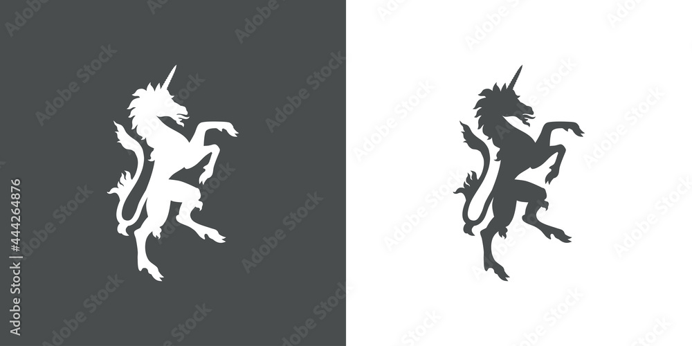 Logo heráldica con silueta de caballo unicornio medieval de pie en fondo gris y fondo blanco